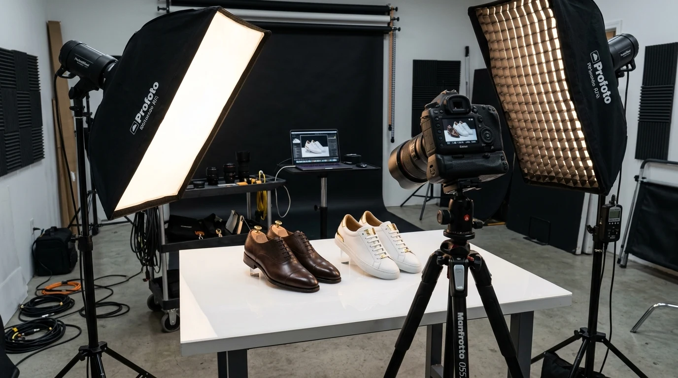 Studiové focení luxusní obuvi se softboxy a stativem