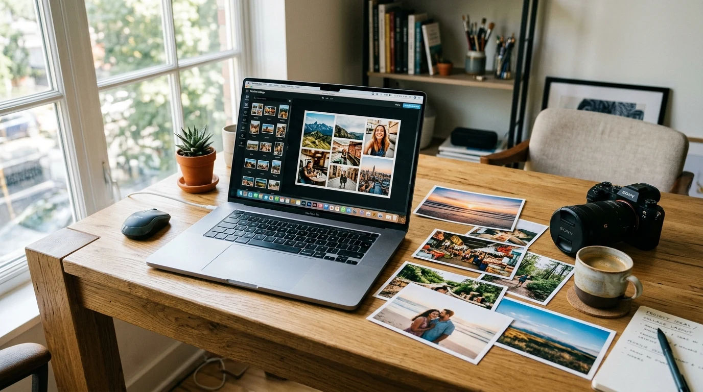Moderní pracovní stůl s úpravou fotokoláže a vytištěnými fotografiemi