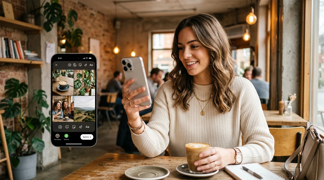 Tvorba Instagram příběhu s více fotografiemi na chytrém telefonu