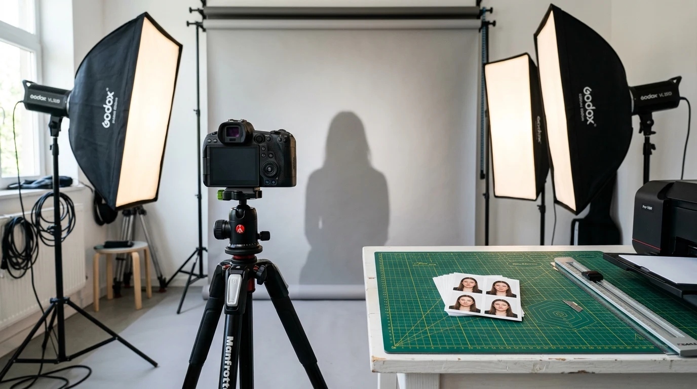 Fotoateliér s přesným nastavením světel pro biometrické fotografie