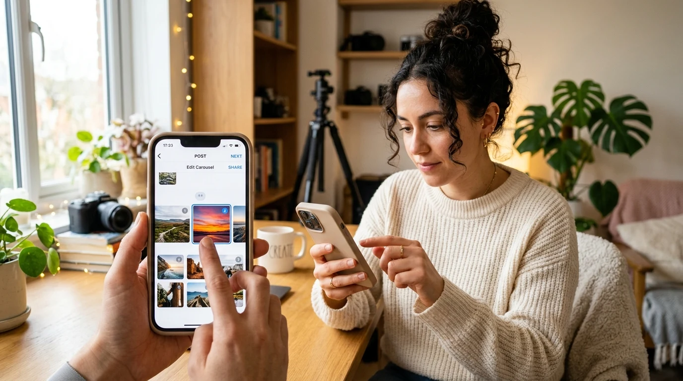 Změna a přetahování pořadí fotografií v Instagram carousel editoru