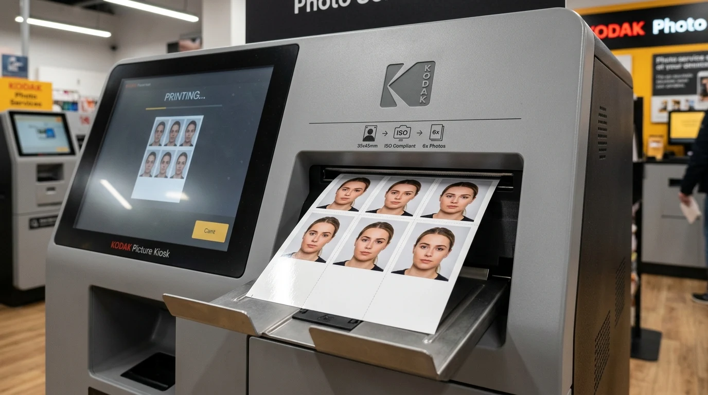 Tisk sady průkazových fotografií na fotokiosku v drogerii