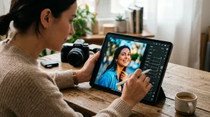 Úprava portrétní fotografie na iPadu s Apple Pencil v aplikaci Lightroom